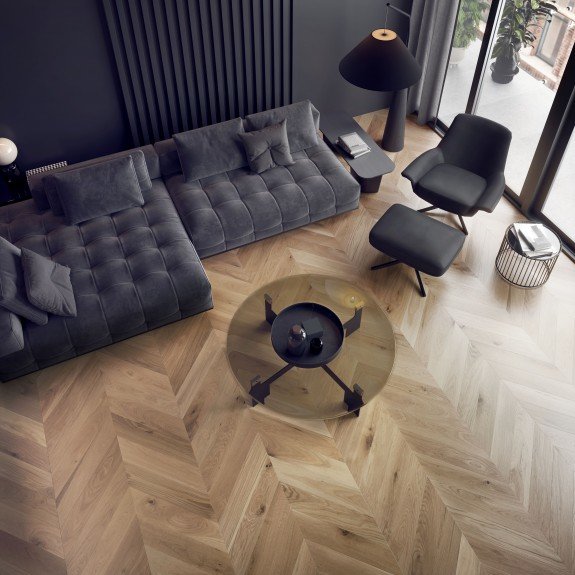 Living room with chevron pattern floor